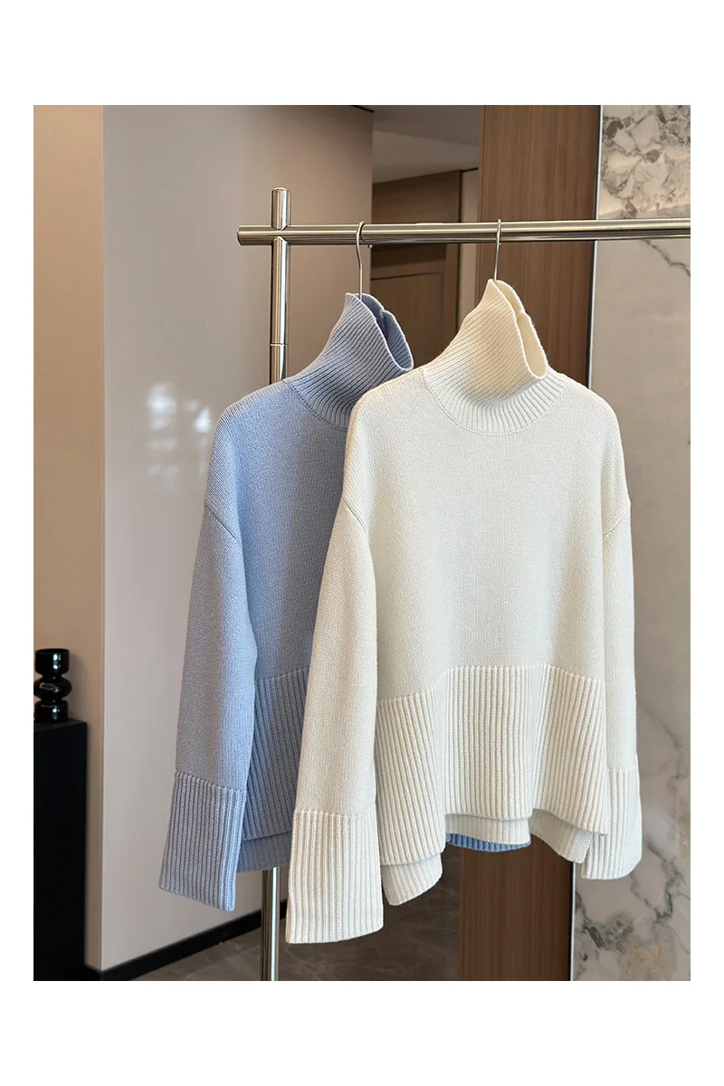 High Collar Cashmere Casual Sweater for Women New Loose Long Sleeves Lady Knitted Sweater Tops for Winter