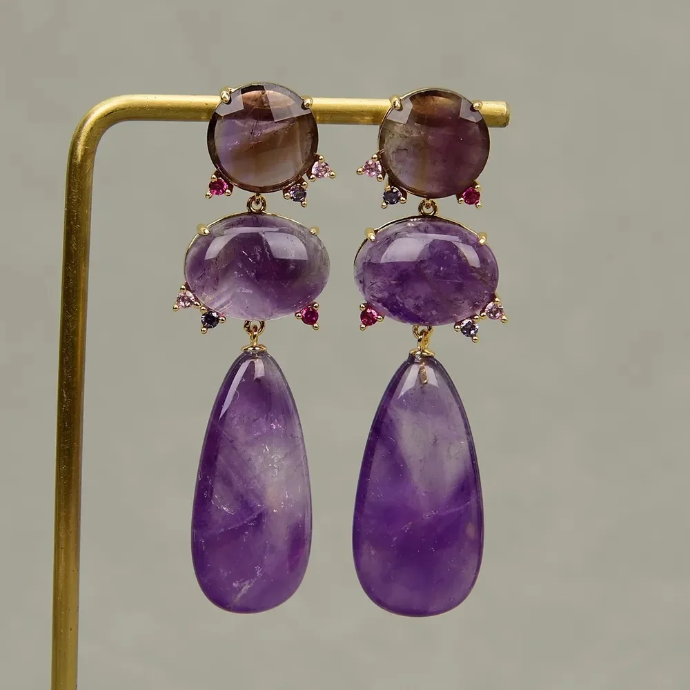 

Natural Purple Amethyst Gems Quartz CZ Earrings Gold Plated Luxury Classic Teardrop Wedding Jewelry Gifts