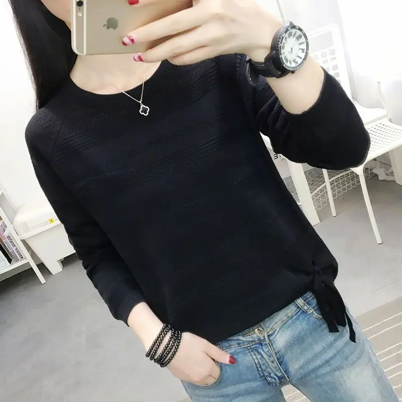 Autumn Fashion Loose Hollow Out Drawstring Sweaters Women Clothing O-neck Long Sleeve Casual Knit Pullovers Office Lady Chic Top