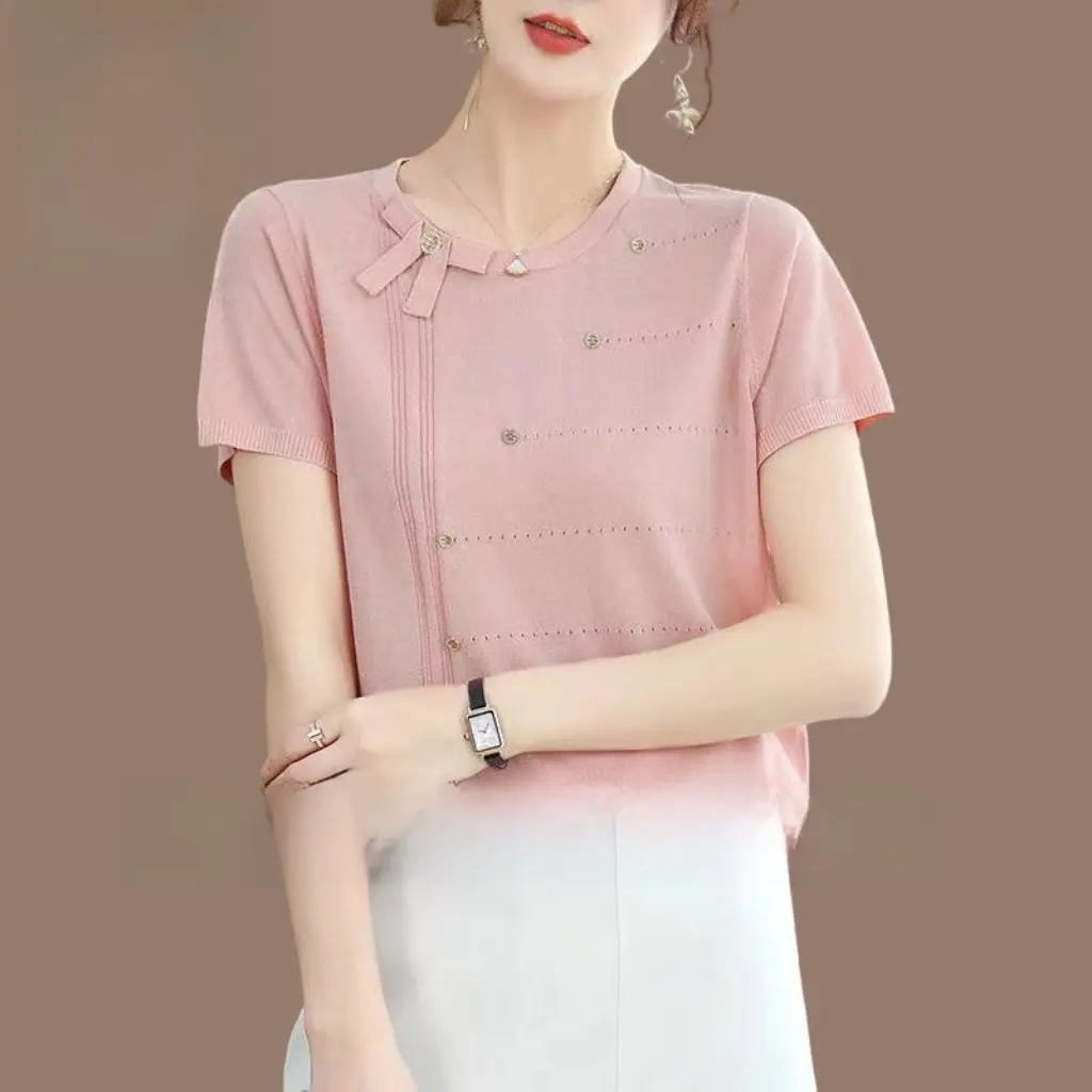 

Slimming Bell-Covering Top for Women Summer Fashion High-End Short-Sleeved T-Shirt Temperament 40-Year-Old Mother's Style
