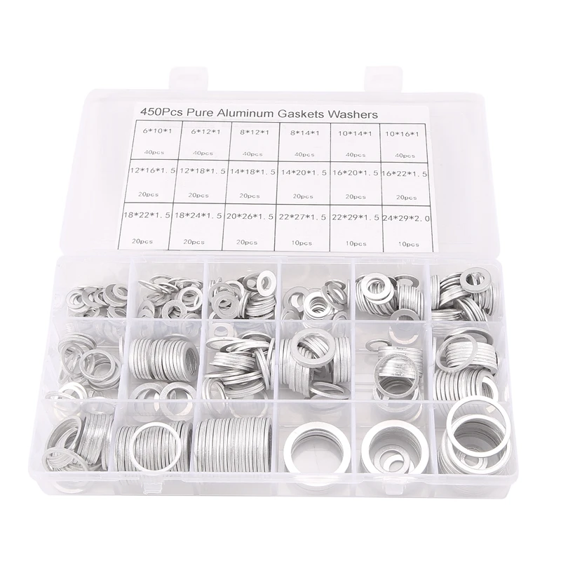 

450Pcs Aluminum Gasket Aluminum Flat Washer Aluminum Sealing Ring Combination