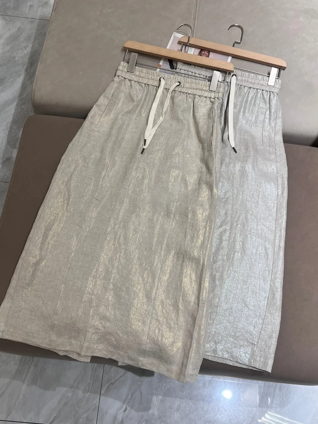 

Bc* Summertime New Style Takes Out The Rope Pearlescent Design Flax Half Skirt Female Loose Tight Waist Temperament Languid