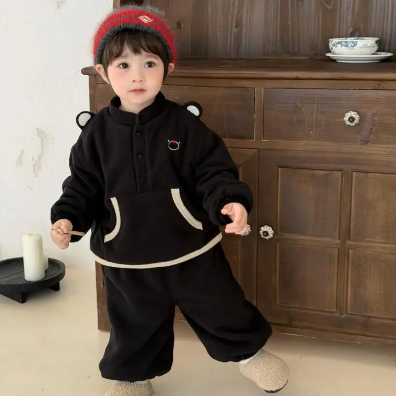 2026 Winter New Baby Plus Velvet Thick Clothes Set Boys Fleece Sweatshirt + Pants 2pcs Suit Toddler Casual Warm Outfits