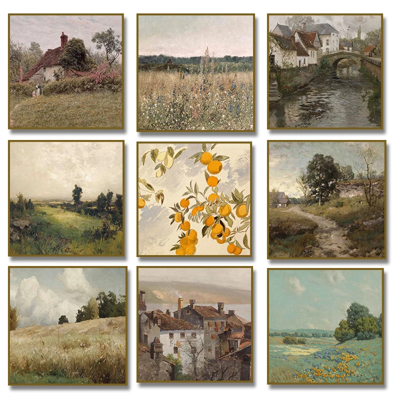 Vintage Trees Garden Wildflower Field Landscape Poster European Canal Architecture Canvas Painting Square Wall Art Home Decor