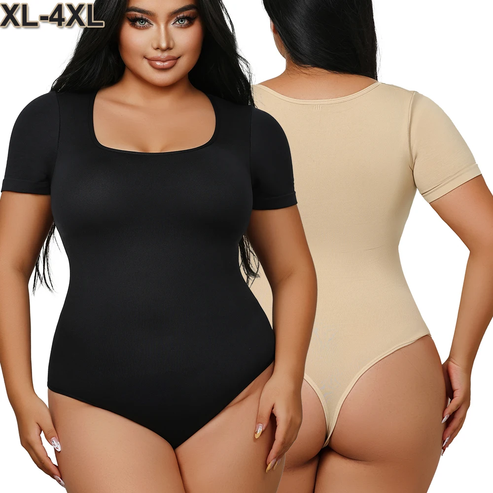 

Женское боди-стринги с коротким рукавом для контроля живота и квадратным вырезом, корректирующее фигуру, нижнее белье, женские сексуальные высокоэластичные трико, новинка XL-4XL