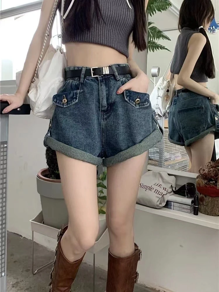 

High Waist Denim Shorts Women Summer New Style Spicy Girl plus Size Loose Slimming Cuffed A-Line Wide Leg Hot Pants