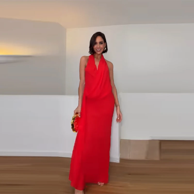 

Изысканное элитное красное длинное платье с рюшами и глубоким вырезом, шикарное повседневное платье без рукавов с боковыми лентами, модель 2026 года, вечернее платье-халтер для вечеринок