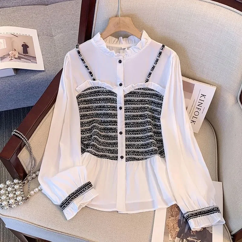

Chiffon Shirt Women Spring Autumn New Plus-Size Coat Temperament French Stitching Jacket Female Sweet Slim Fake Two-Piece Tops
