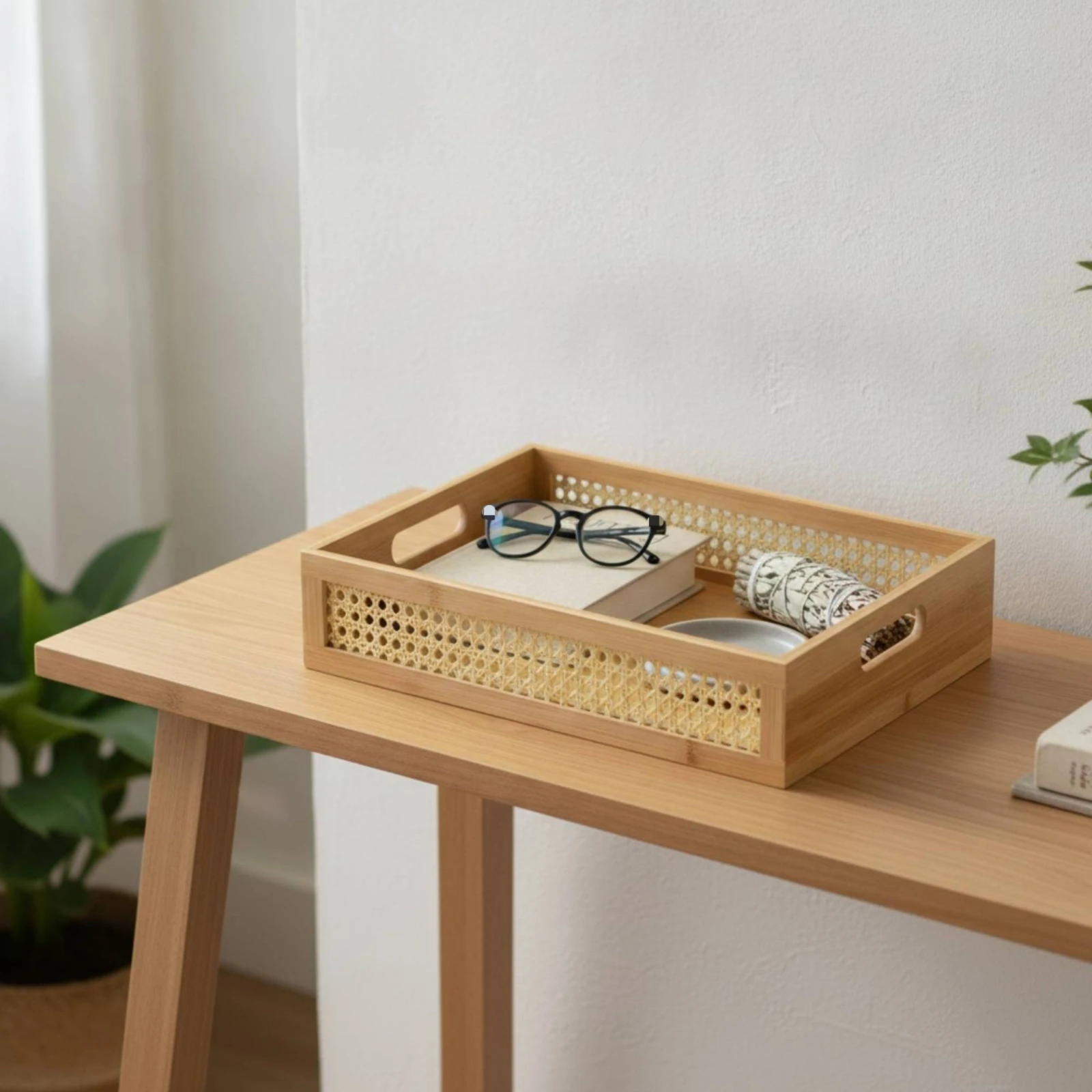 Rattan Side Panel Tray Low-Profile Wooden Storage Tray Organizer Bin Natural Multi-Purpose for Entryway, Dresser