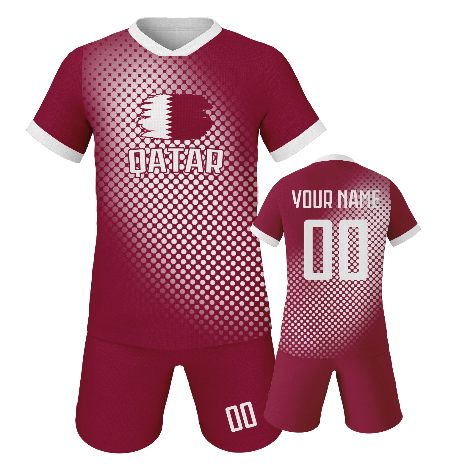 

Детский комплект футбольных шорт Qatar на заказ, персонализированное имя, номер, молодежная футболка футбольной команды, униформа, подарок фанату для мальчиков и девочек