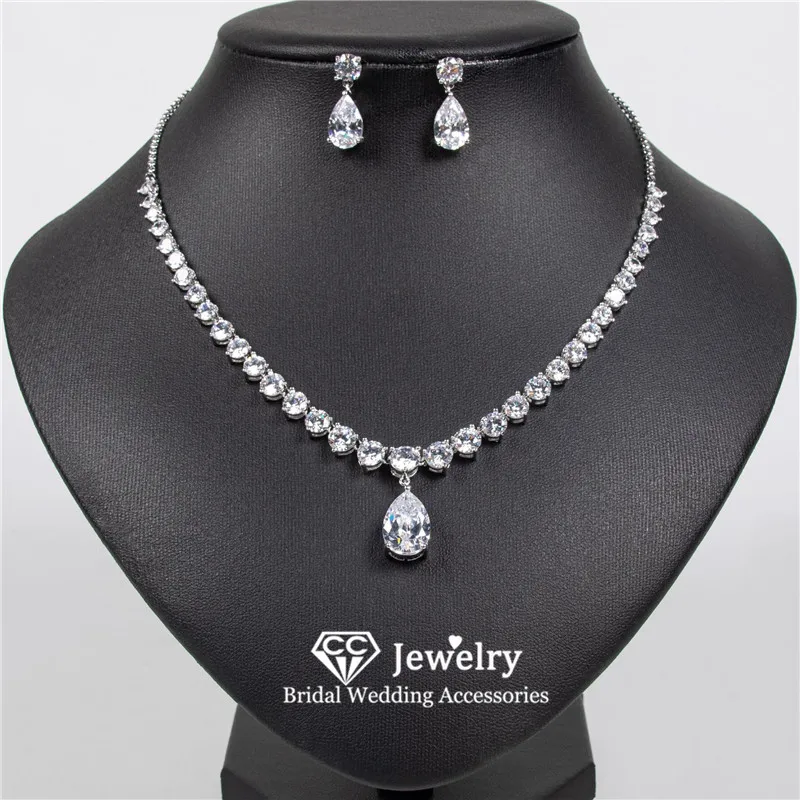 

CC Crystal Jewelry Set Women Accessories Bridal Dress Wedding Bijoux Engagement Simple Design Necklace Stud Earrings Sets HL140