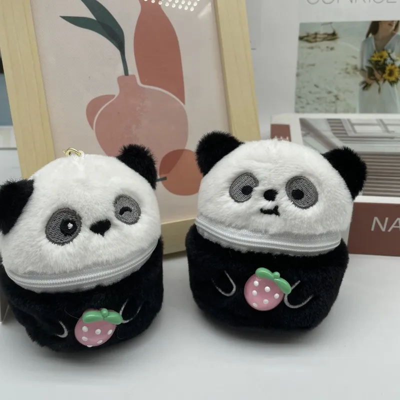 New cute black and white panda storage box plush creative doll keychain headset lipstick coin purse couple cool bag pendant