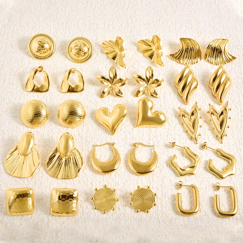 5pairs/10pcs Real Gold Plated Sunflower Square Heart Screw Thread Stainless Steel Earring For Women Puncture Rustproof Earrings