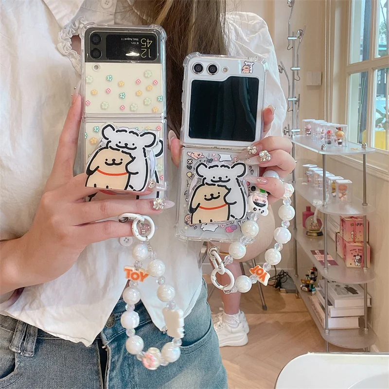 

Cartoon Dog Magnetic Phone Case For Samsung Galaxy Z Flip 6 5 4 3 Cover with Magsafe Stand Chain Strap For Flip5 Flip4 Flip6 5G