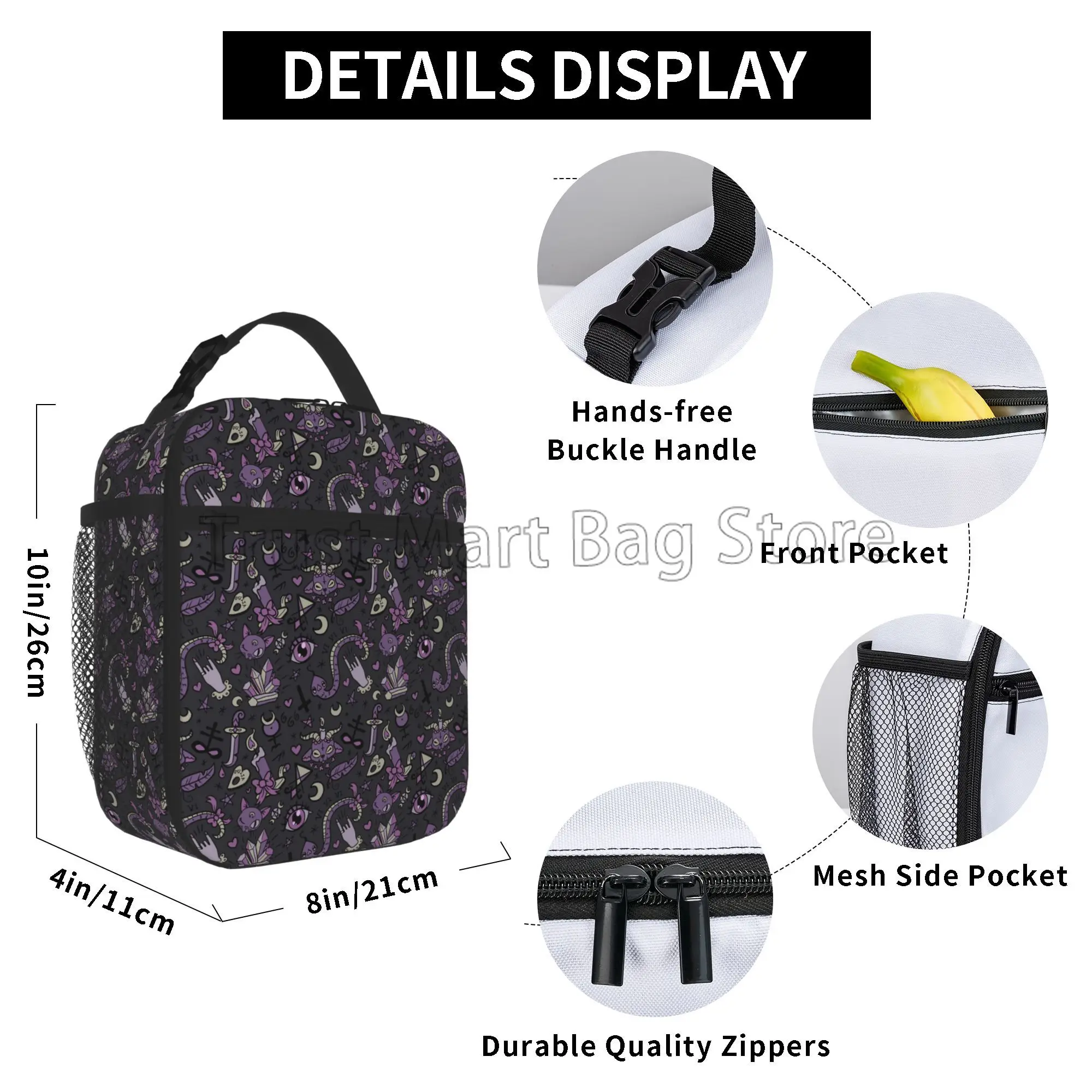 Purple Gray Magic Goth Spooky Insulated Lunch Bag Portable Waterproof Lunch Box Reusable Thermal Bento Tote for Women Boys Girls