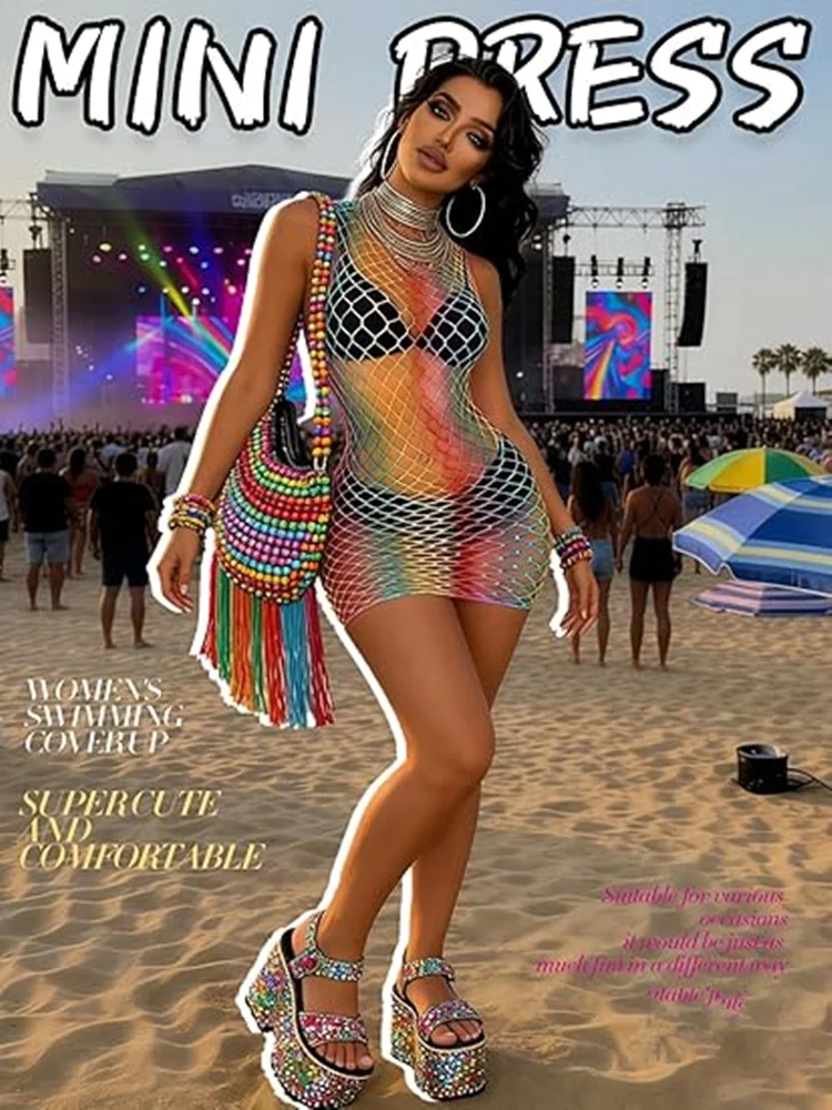 Sexy Dress Rainbow Woman Hollow Out Nightclub Mesh Sleeveless Dress Ins Beachwear Bikini Cover Women Clothing