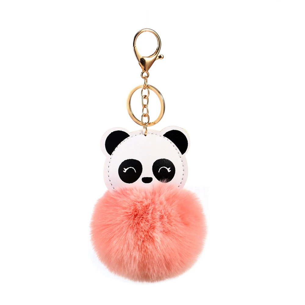 New Fashion PU Leather Animal Panda Keychain Soft Faux Rabbit Fur Pompom Fluffy Hairball Key Chain Women Bag Hanging Decorations