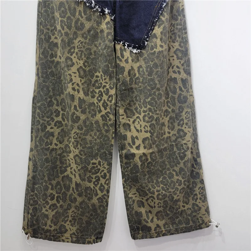 European Trendy Brand Leopard Print Splicing High-waisted Jeans Wide-leg Pants Women Autumn Irregular Casual Straight-leg Pants