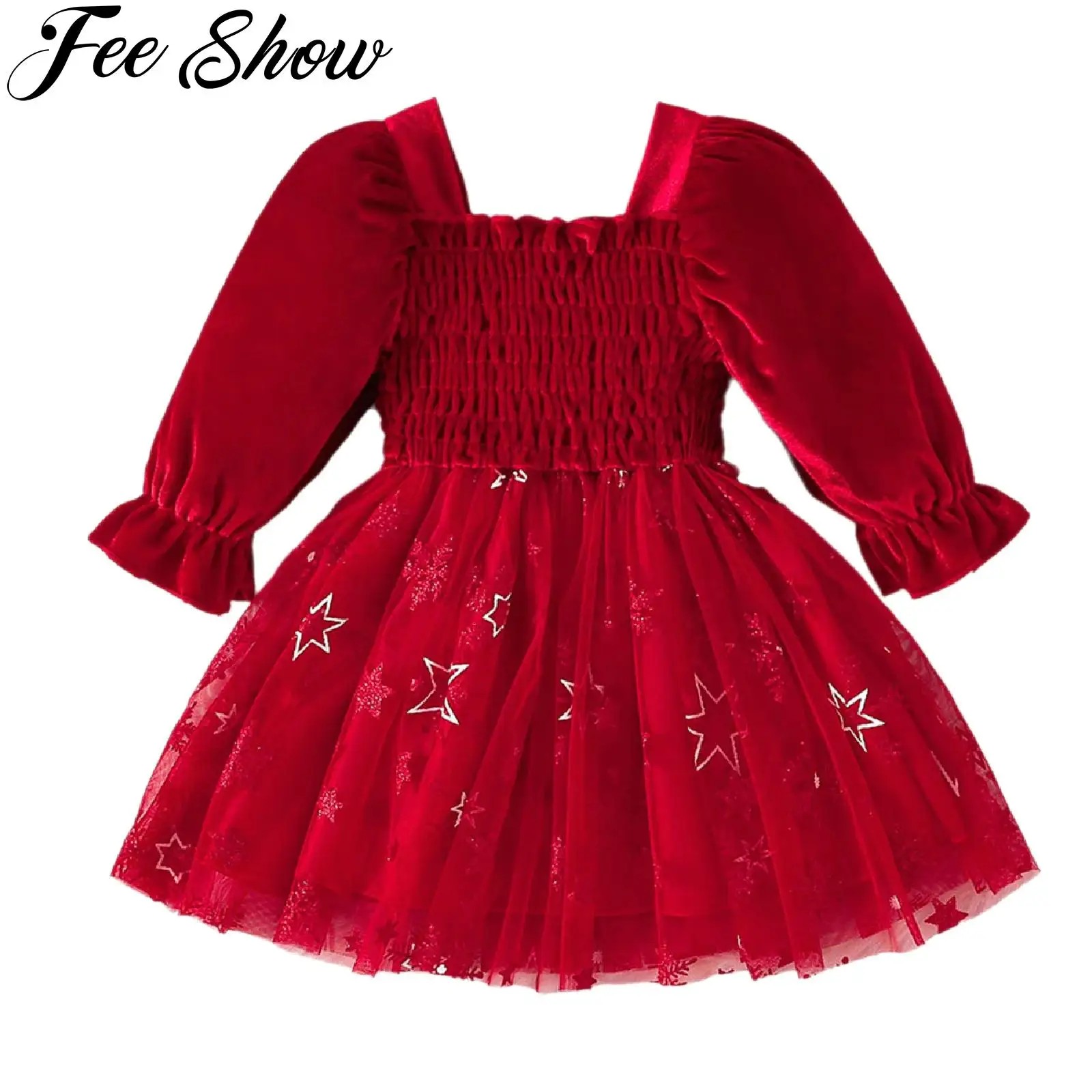 Kids Girls Christmas Velvet Dress Long Sleeve Ruched Star Snowflake Printed Mesh Tutu Dresses Fall Winter Xmas Party Clothes