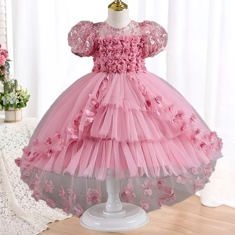 Carnival Birthday Party Performance Dress Girls' Dress 2025 New Sweet Petal Tail Princess Dress Bubble Sleeve Mesh