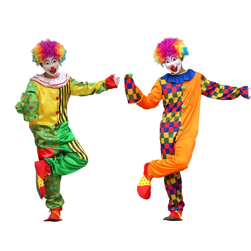 Clown Deluxe Mannen Kostuum Set Clown Kostuum Halloween Mannen Kostuums Voor Volwassen Mannen Felle Kleur Podium Clown Kostuums