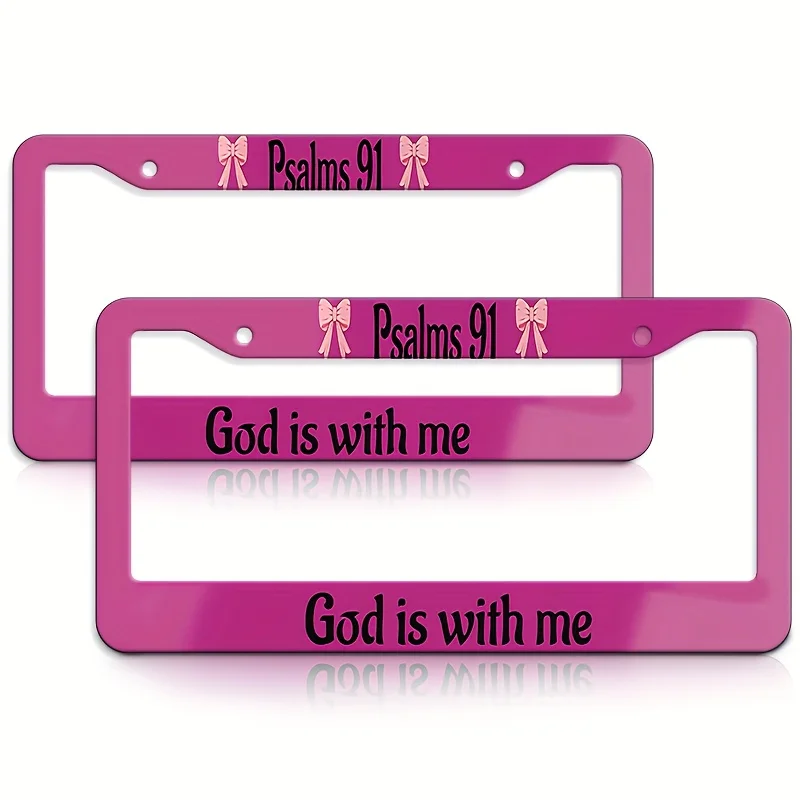 2Pcs Pink God is with me Psalms License Plate Frames Cute Bow Print Religious Christian Car Tag Holders for Women