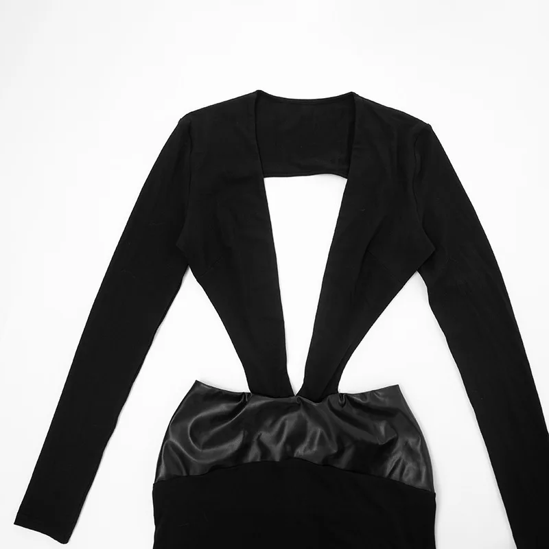 Sukienka maxi z wycięciami Foamlina Fashion, czarna, seksowna, z głębokim dekoltem w serek, długim rękawem, odkrytymi plecami, dopasowana, na wieczorne przyjęcia, vestido.