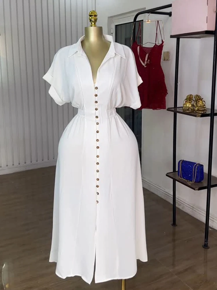 

Womens Elegant Long Summer Dresses Front Button Dress Casual Slim Elastic Waist Shirt Dress with Slit Wholesale Dropshipping