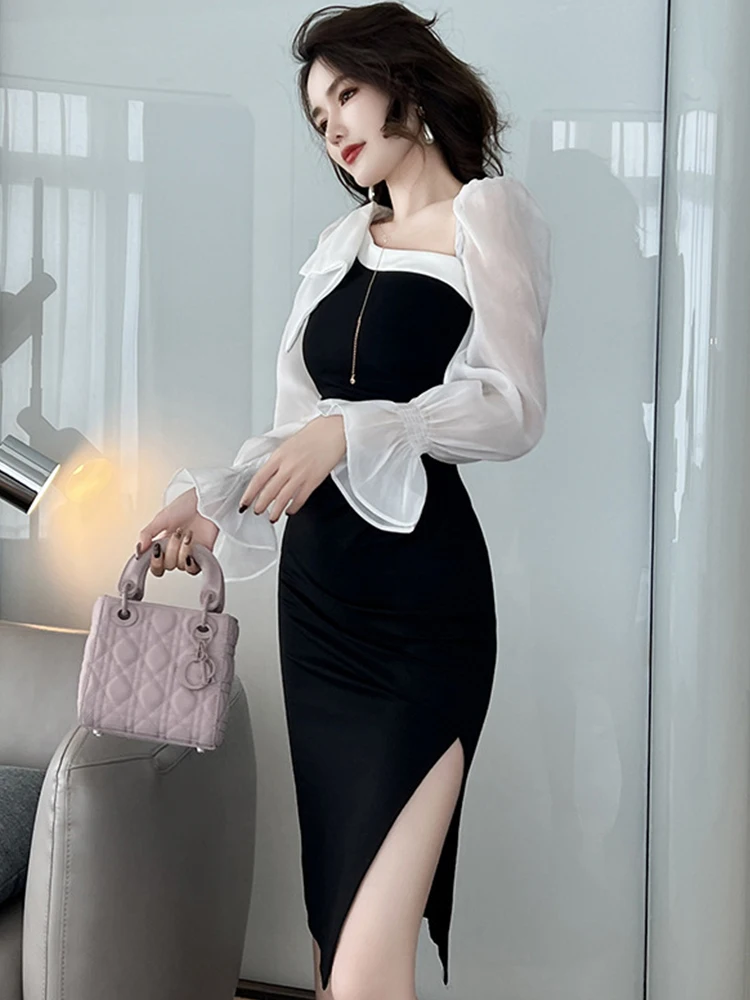 Primavera otoño moda Mujer vestido de noche elegante dulce Sexy cuello Diagonal ceñido al cuerpo por debajo de la rodilla fiesta de graduación bata Mujer Vestidos