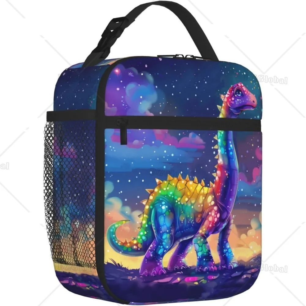 Dinosaur Insulated Lunch Bag Cute Dino Rainbow Tie Dye Body in Magic Sparkle Space Lunch Box Reusable Thermal Bento Tote Bag