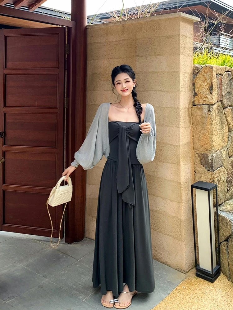 

Linyner Grey Casual Knitted Set Women's Spring Fashion Three-piece Skirt And Sweater High Waist Long Sleeve Casual Style