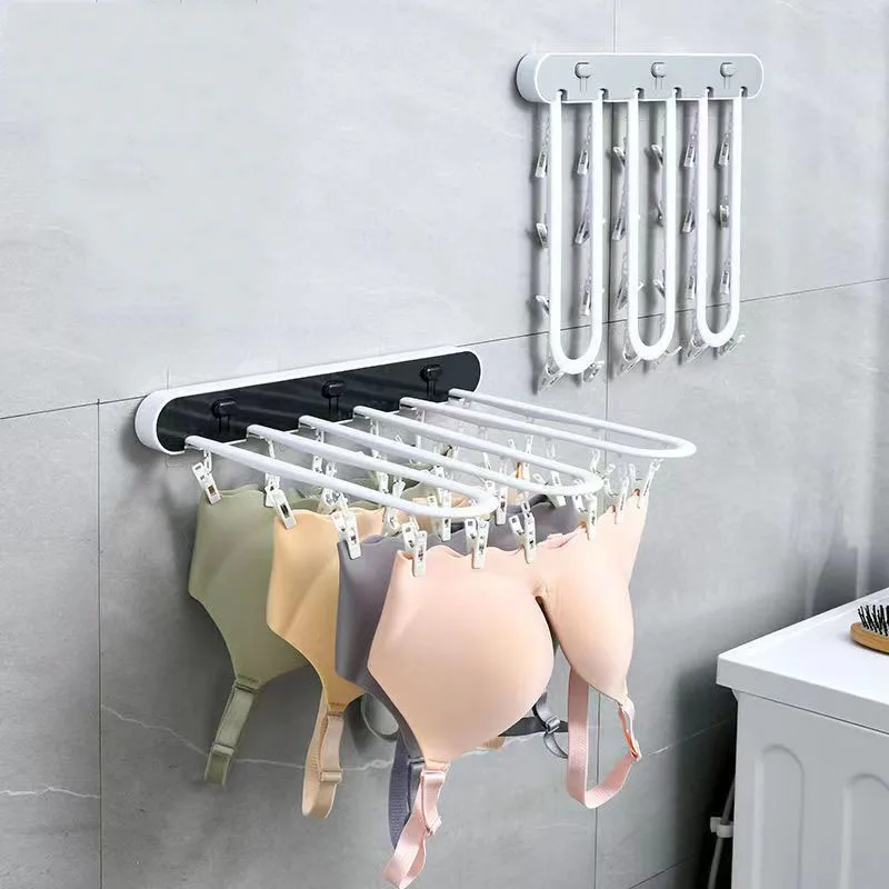 Balcony Foldable Underwear Sock Drying Rack 24 Clip Storage Panties Bra Hanging Bathroom Towel Organizer No Punch Space Saving