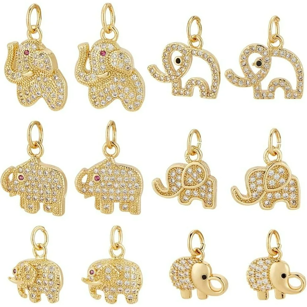 12pcs 18K Gold Elephant Charms 6 Style Golden Elephant Lucky Pendants Elephant Pendant Brass Animal Dangle Charms Rhinestone