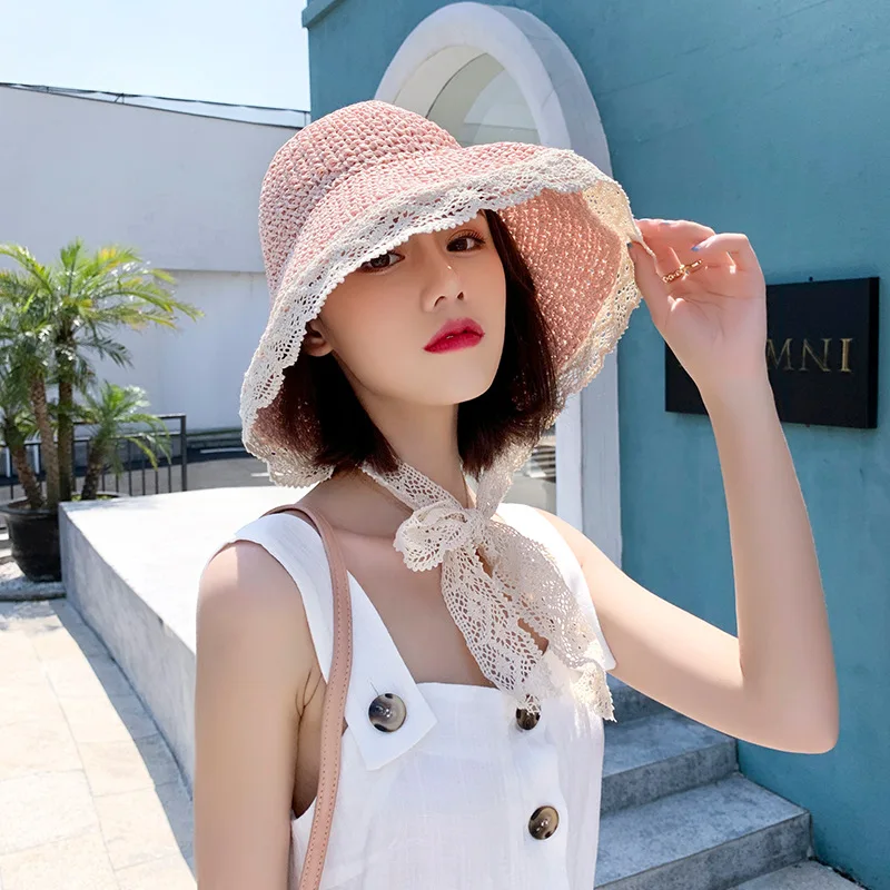 Spring and Autumn Fashion Hat Children's Summer New Internet Famous Lace Chain Strap Straw Hat Beach Sun Hat