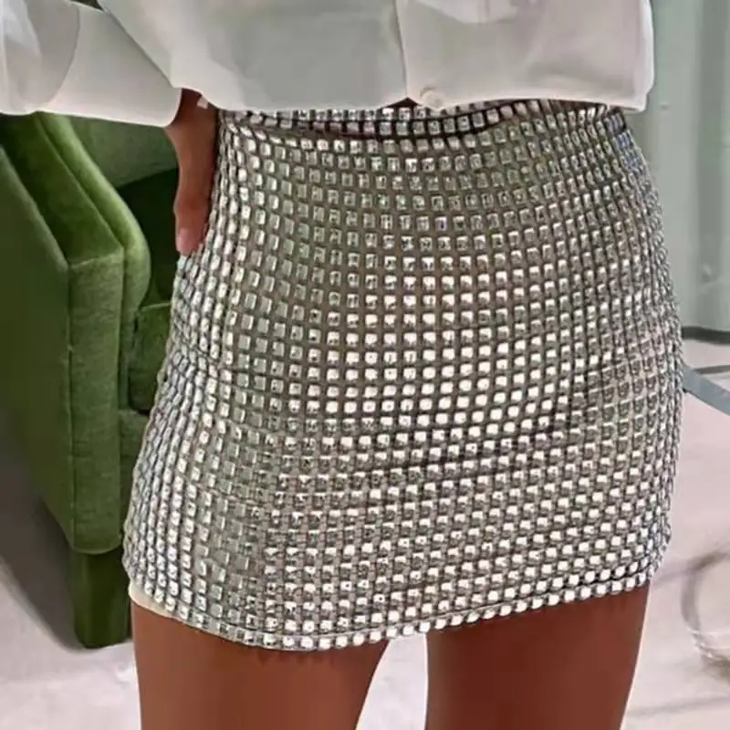 New Solid Color Silver Women Shiny Fashion Sequin Mini Skirt Slim Bodycon Glitter Sexy High Waist Club Outfits Streetwear