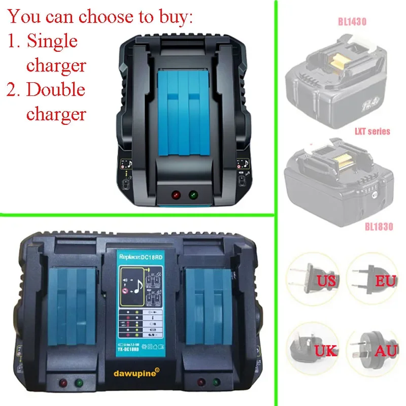 

Double Li-ion Battery Charger For Makita 14.4V 18V BL1830 Bl1430 DC18RC DC18RA DC18RD DC18SF DC18RT DC18RF BL1815 BL1860 LXT400