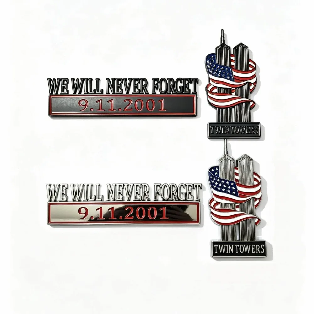 We Will Never Forget 9/11 Metal Car Emblem,U.S. Flag Twin Towers Patriotic Vehicle Badge for Veterans First Responders Patriot