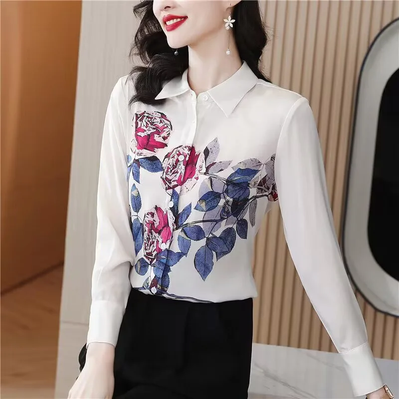 Blusa de manga larga con estampado de rosa para mujer, ropa elegante, camisas de moda Vintage, Tops elegantes sueltos para oficina