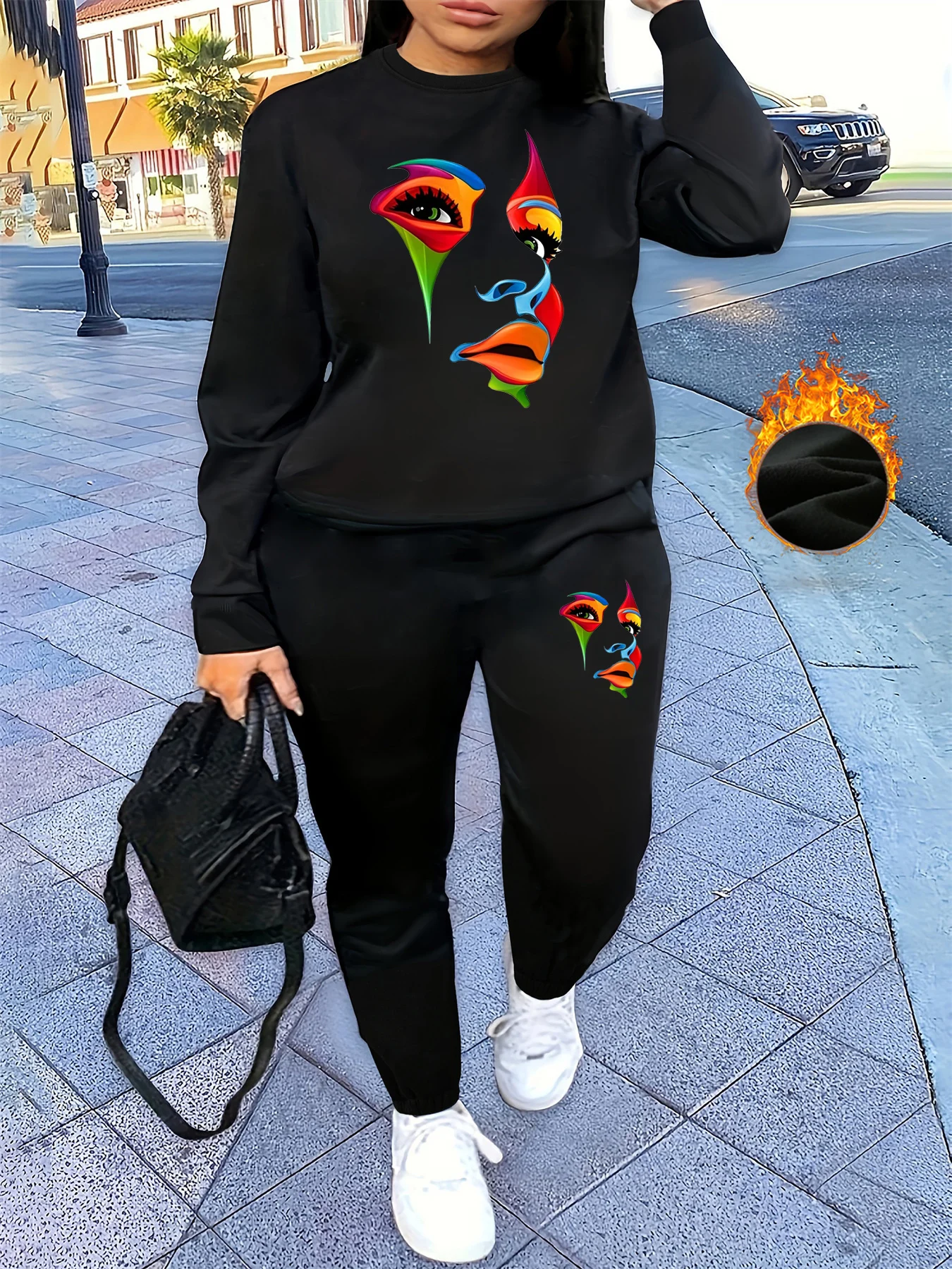 

Women's autumn and winter hip-hop casual street fashion portrait pattern printed round neck sports shirt+sports pants warm suit