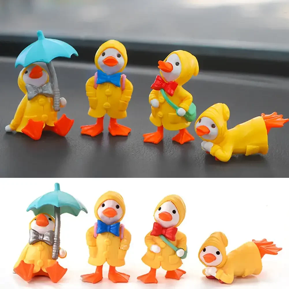 4pcs/set Umbrella Raincoat Cute Cartoon Duck miniature Figurine Ornaments Yellow Ducklings Figurine for Miniature Garden Decor