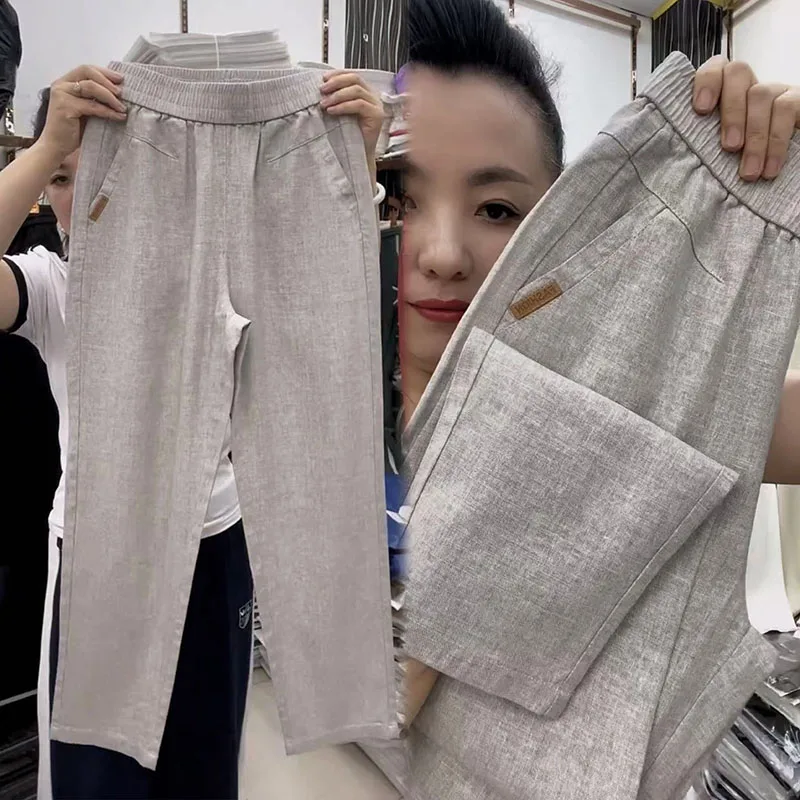 กางเกงผ้าฝ้ายและผ้าลินินน้ําแข็งฤดูร้อนบางอเนกประสงค์ลําลองหลวมอินเทรนด์เรียบง่ายสีทึบผู้หญิงวัยกลางคนและผู้สูงอายุ