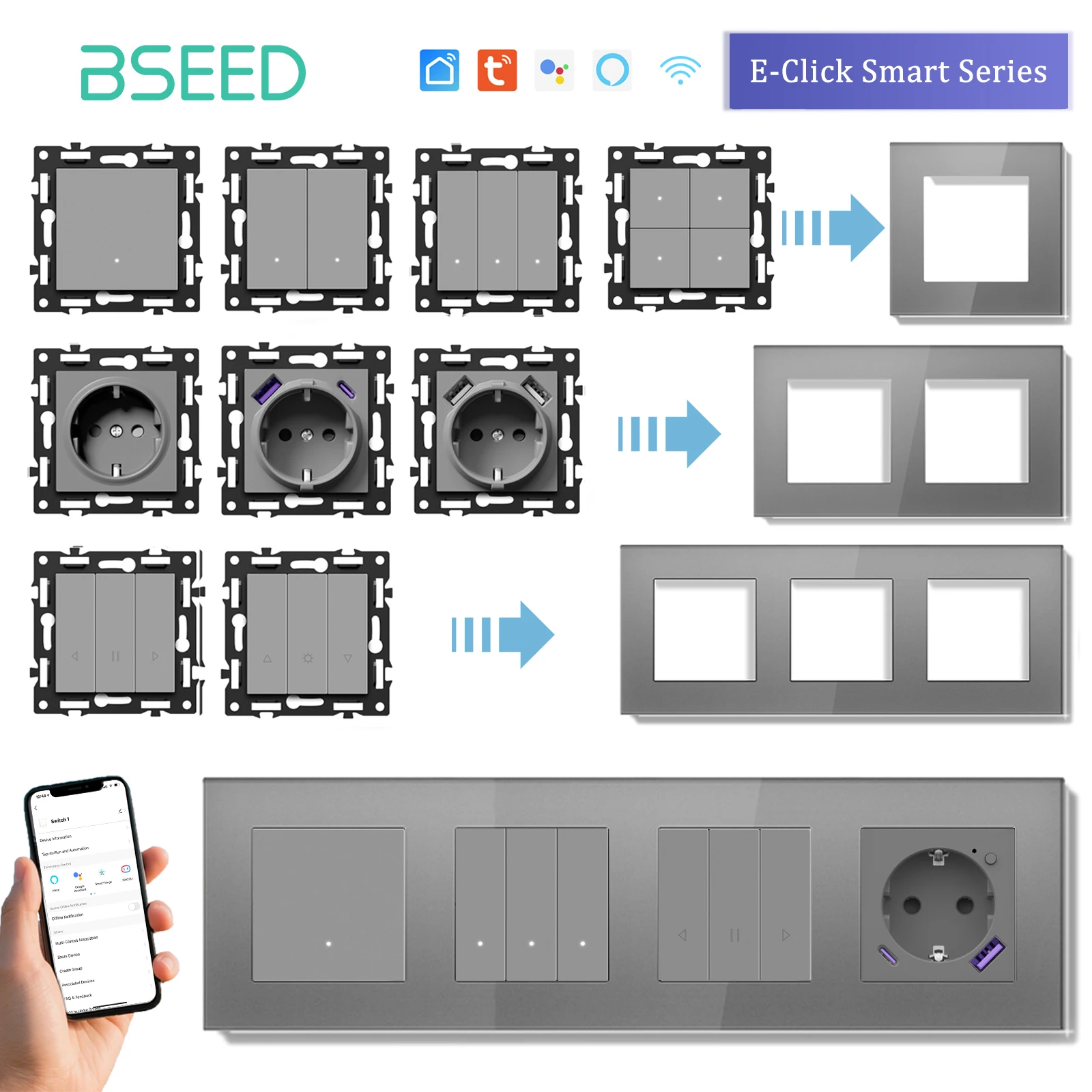 

BSEED 1/2/3/4Gang WIFI Click Switch Part Only Glass Frame Smart Dimmer Curtain Switch Function DIY Part EU Wifi Socket Parts