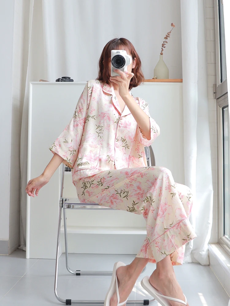 Ice Silk Pajamas Women's Summer Seven-point Sleeve Suit 2023 New Summer High-end Real Silk Satin Home Clothes