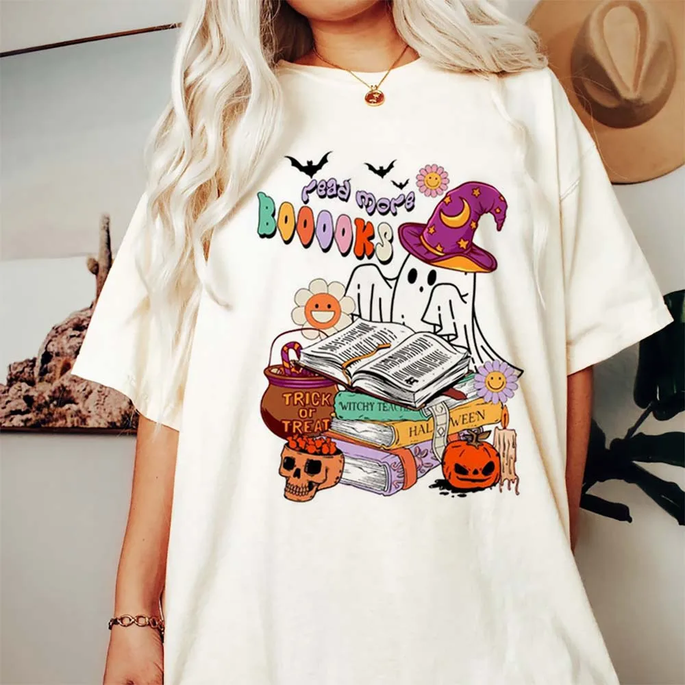 Read More Books Halloween Spooky Teacher Ghost Printed T-Shirt Clothing Printed Pattern Cartoon Women\'s Leisure Halloween T-Shir