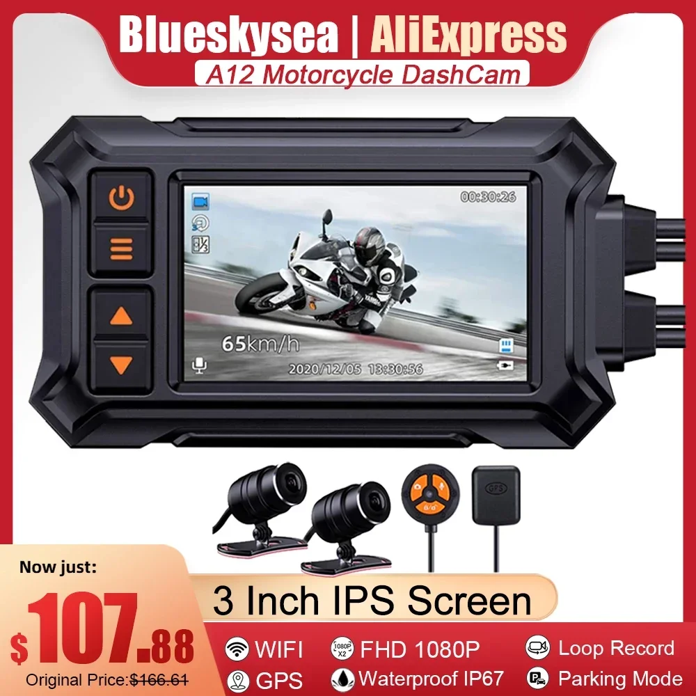 Blueskysea A12 Dual 1080P Full HD Motorcycle Dashcam 3 Inch Waterproof IP67 Camera WiFi Motorcycle DVR Dash Cam Black GPS Box 