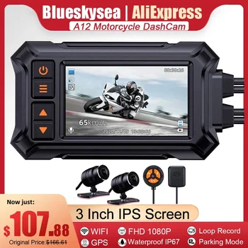 Blueskysea-A12 듀얼 1080P 풀 HD 오토바이 블랙박스, 3 인치 방수 IP67 카메라 와이파이 오토바이 DVR 블랙박스 블랙 GPS 박스