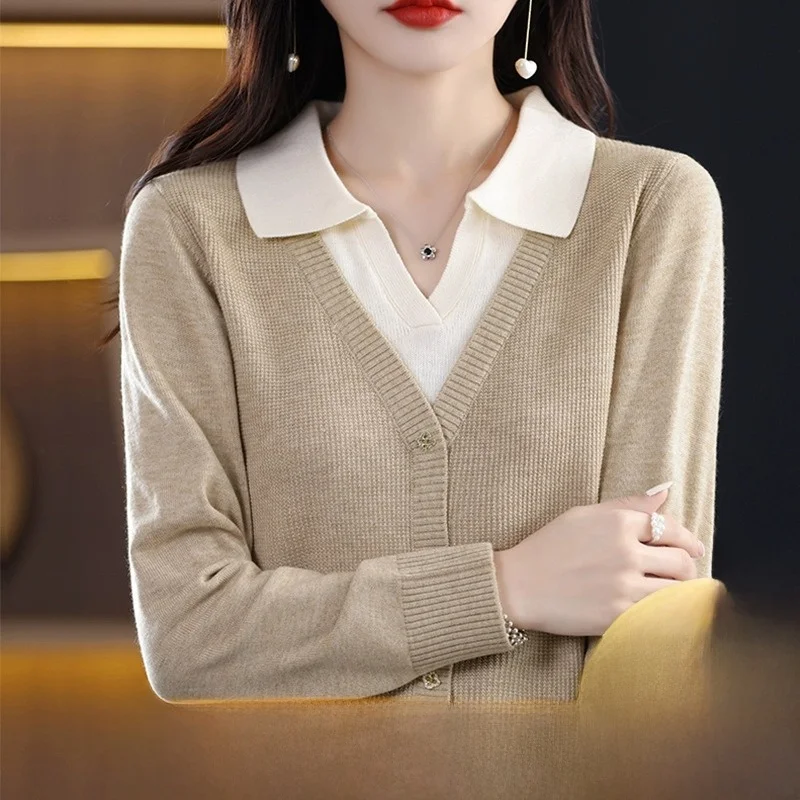 

Вязаный шерстяной открытый кардиган с воротником, свободный утягивающий базовый слой, искусственный двухсекционный Sle Snowy eep, брендовая женская мода