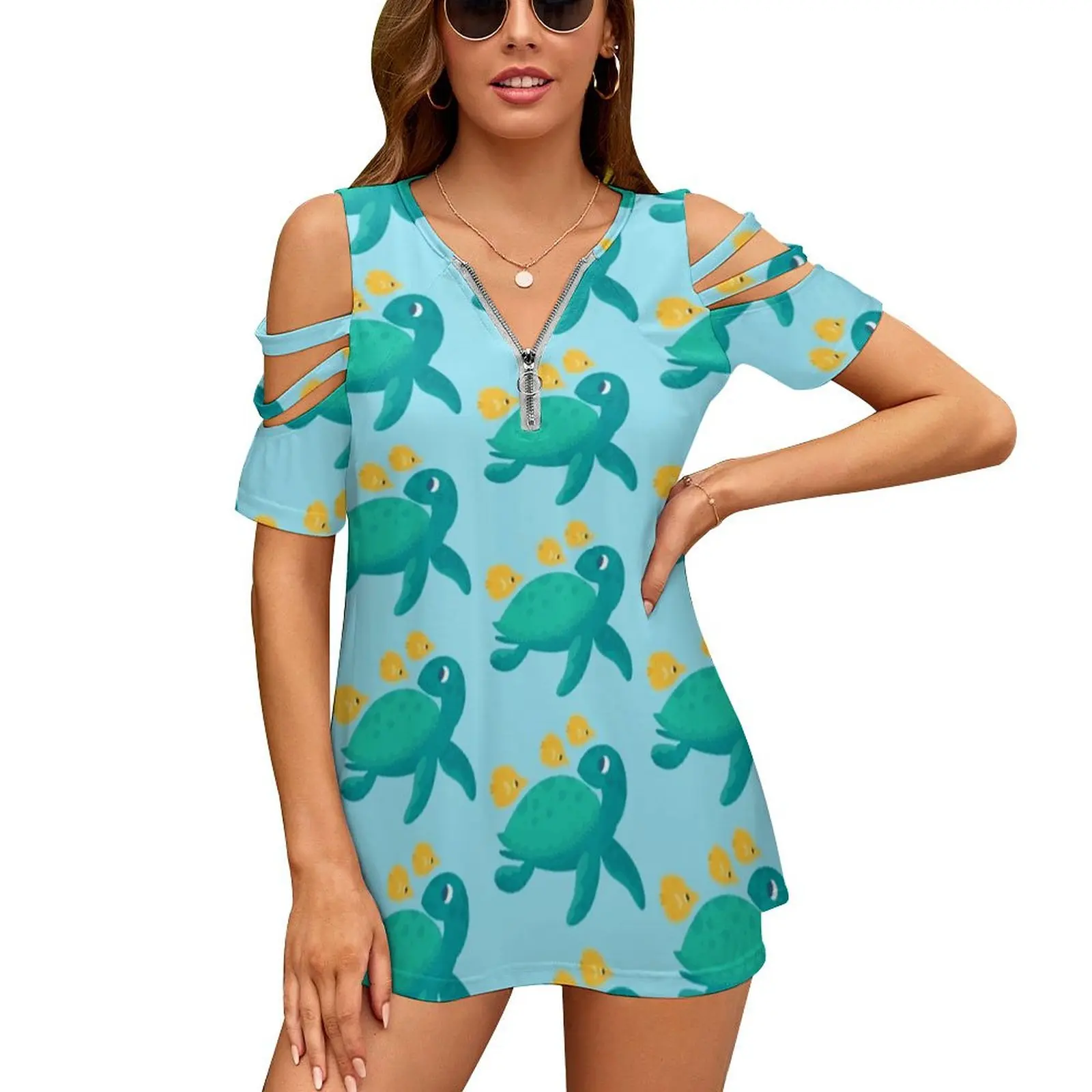 Turtley Awesome Women's T-Shirt Summer Fashion Print Floral V-Neck Zipper Tshirt Hollow Pullover Ladies Top Turtle Tortoise