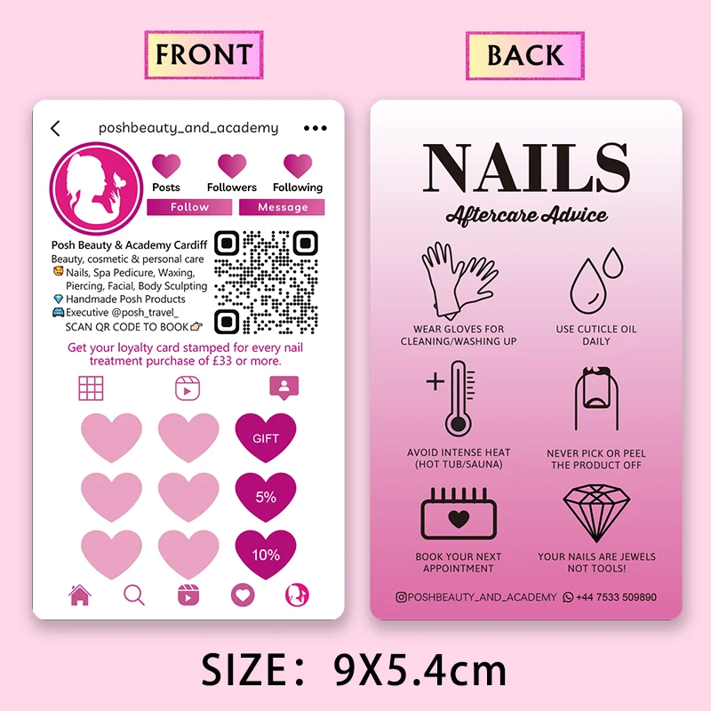 Custom Nails loyalty Card with logo and qr Code  Pink Nails Aftercare Card for aesthetician thank you business 100-1000pieces