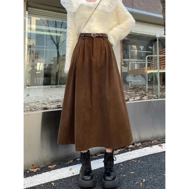 

High Waist Slimming Mid-Length Cover Big Hemline A- line Skirt Corduroy Skirt for Women Autumn 2024 New Retro